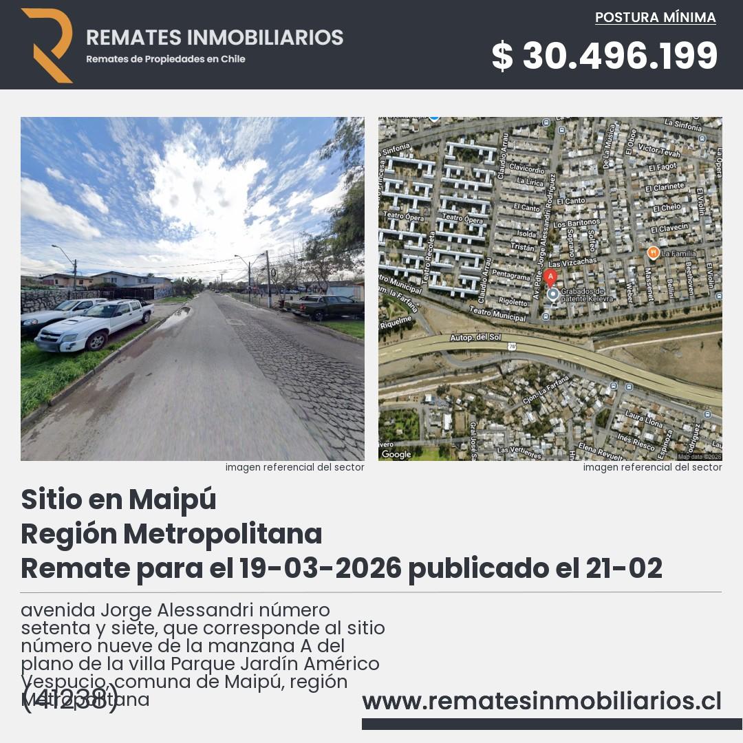 Imagen ficha avenida Jorge Alessandri número setenta y siete, que corresponde al sitio número nueve de la manzana A del plano de la villa Parque Jardín Américo Vespucio, comuna de Maipú, región Metropolitana