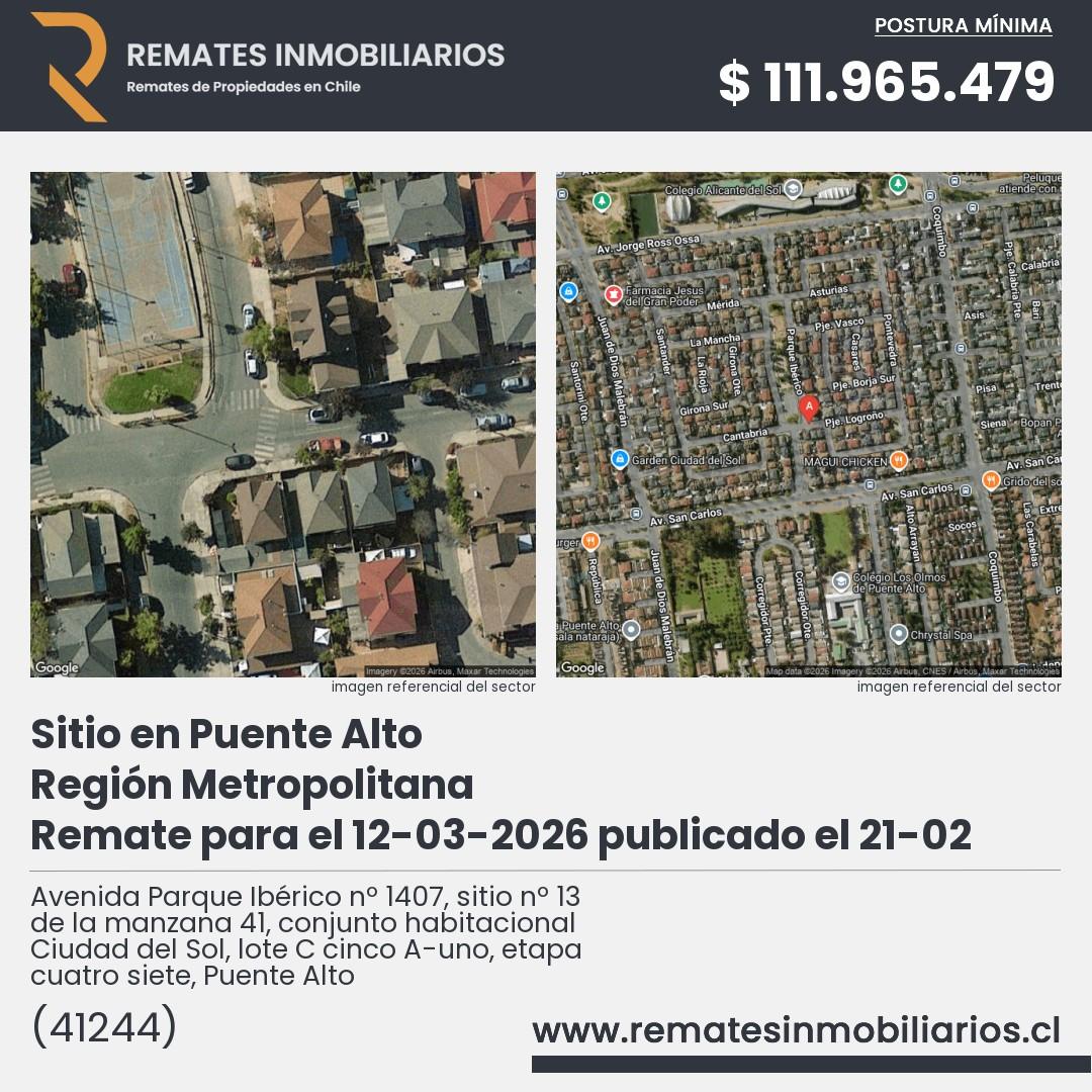 Imagen ficha Avenida Parque Ibérico nº 1407, sitio nº 13 de la manzana 41, conjunto habitacional Ciudad del Sol, lote C cinco A-uno, etapa cuatro siete, Puente Alto