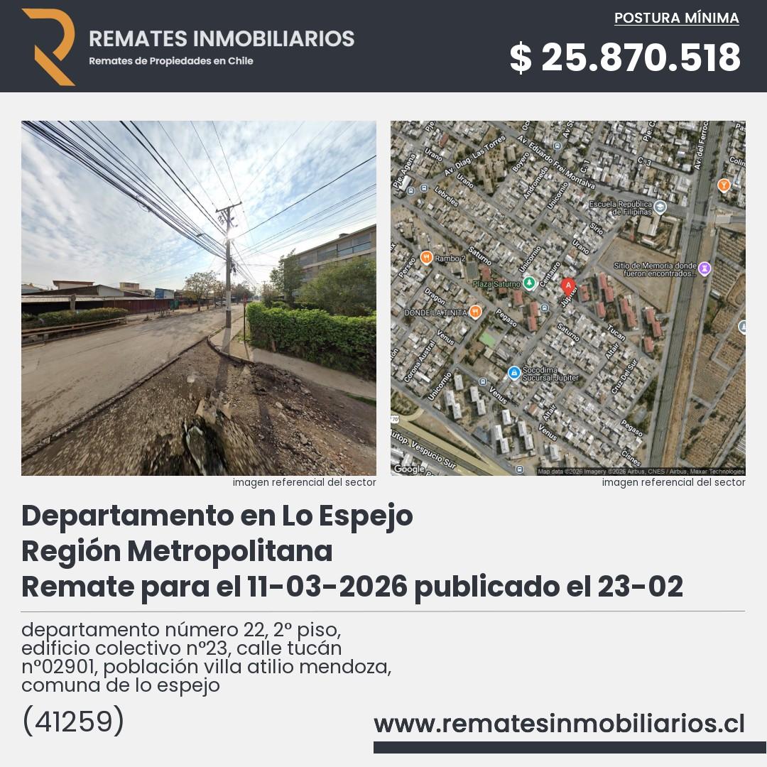 Imagen ficha departamento número 22, 2° piso, edificio colectivo n°23, calle tucán n°02901, población villa atilio mendoza, comuna de lo espejo