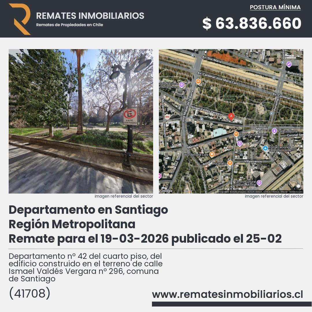 Imagen ficha Departamento nº 42 del cuarto piso, del edificio construido en el terreno de calle Ismael Valdés Vergara nº 296, comuna de Santiago