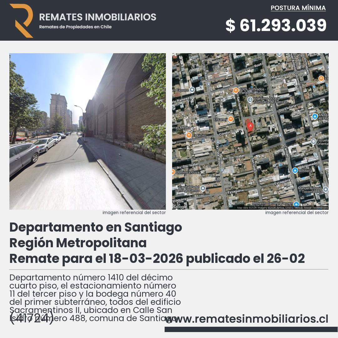 Imagen ficha Departamento número 1410 del décimo cuarto piso, el estacionamiento número 11 del tercer piso y la bodega número 40 del primer subterráneo, todos del edificio Sacramentinos II, ubicado en Calle San Isidro número 488, comuna de Santiago