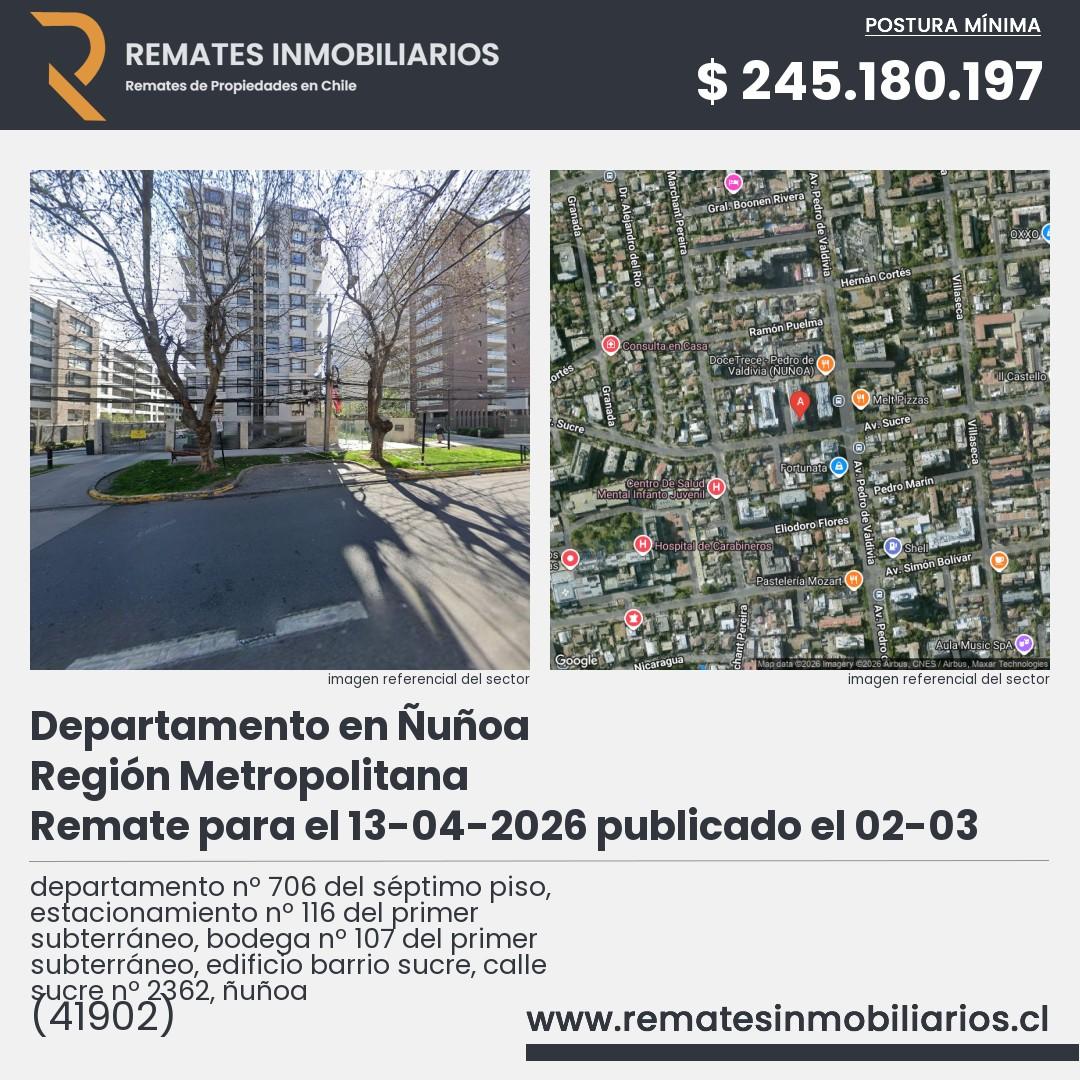 Imagen ficha departamento nº 706 del séptimo piso, estacionamiento nº 116 del primer subterráneo, bodega nº 107 del primer subterráneo, edificio barrio sucre, calle sucre nº 2362, ñuñoa