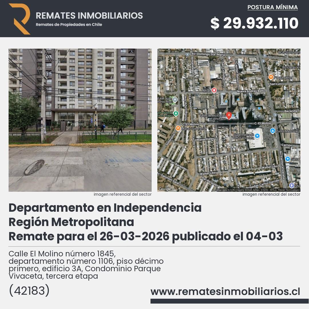 Imagen ficha Calle El Molino número 1845, departamento número 1106, piso décimo primero, edificio 3A, Condominio Parque Vivaceta, tercera etapa
