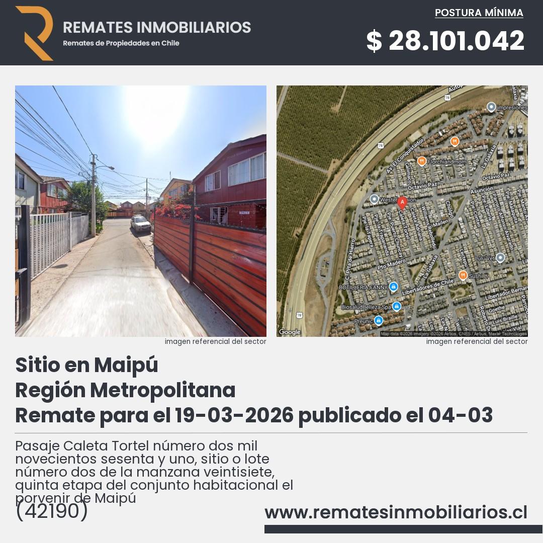 Imagen ficha Pasaje Caleta Tortel número dos mil novecientos sesenta y uno, sitio o lote número dos de la manzana veintisiete, quinta etapa del conjunto habitacional el porvenir de Maipú