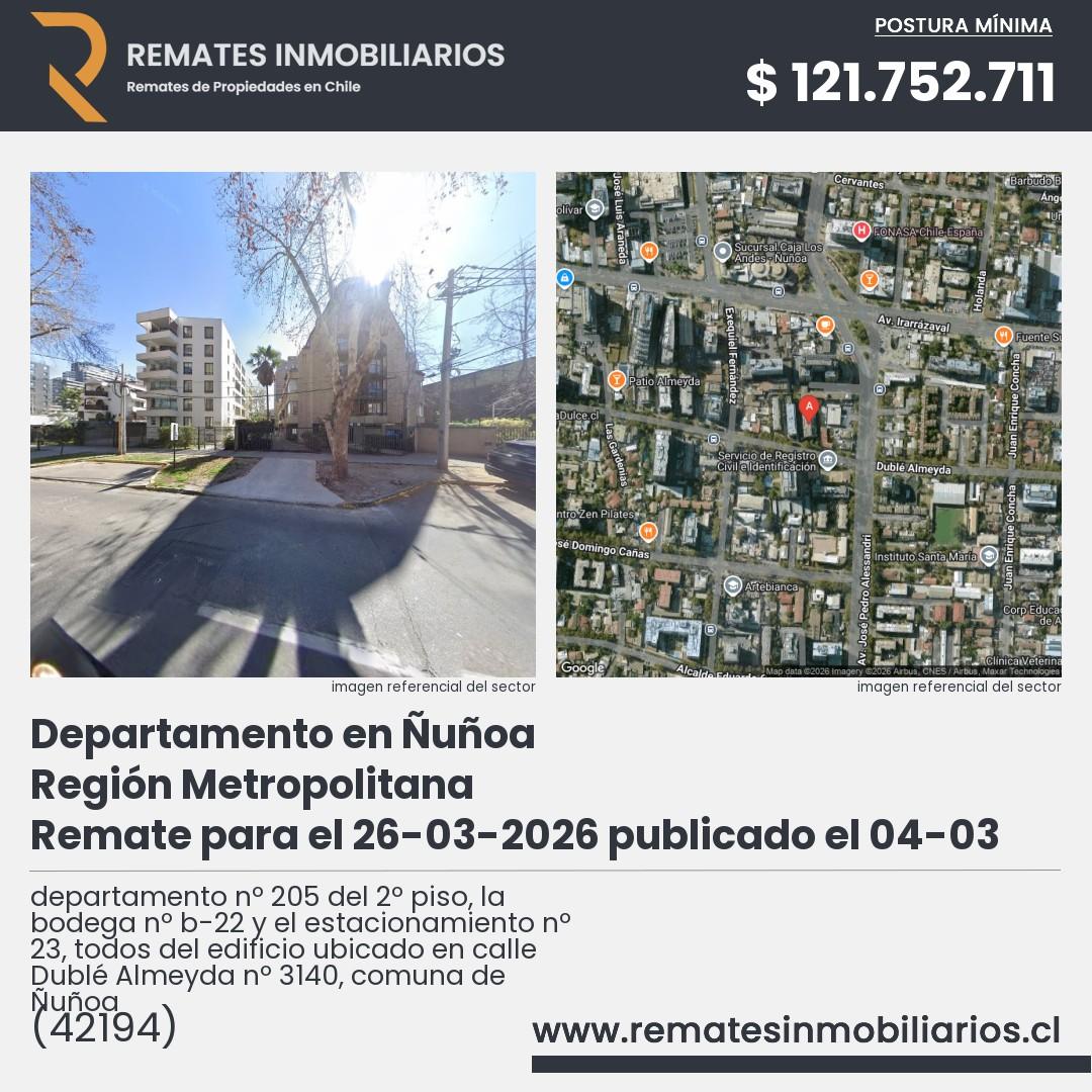 Imagen ficha departamento nº 205 del 2º piso, la bodega nº b-22 y el estacionamiento nº 23, todos del edificio ubicado en calle Dublé Almeyda nº 3140, comuna de Ñuñoa