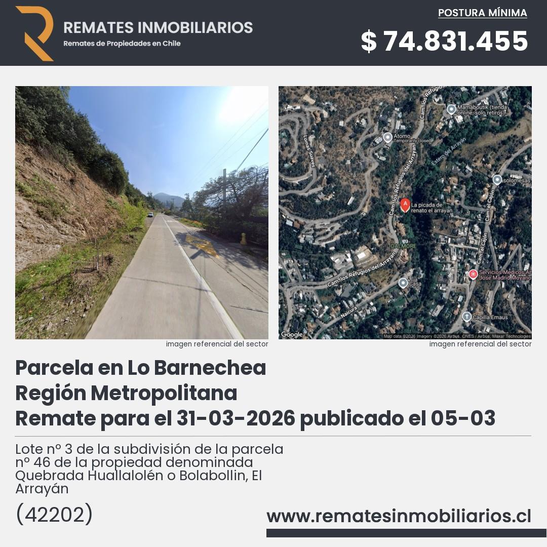 Imagen ficha Lote nº 3 de la subdivisión de la parcela nº 46 de la propiedad denominada Quebrada Huallalolén o Bolabollin, El Arrayán