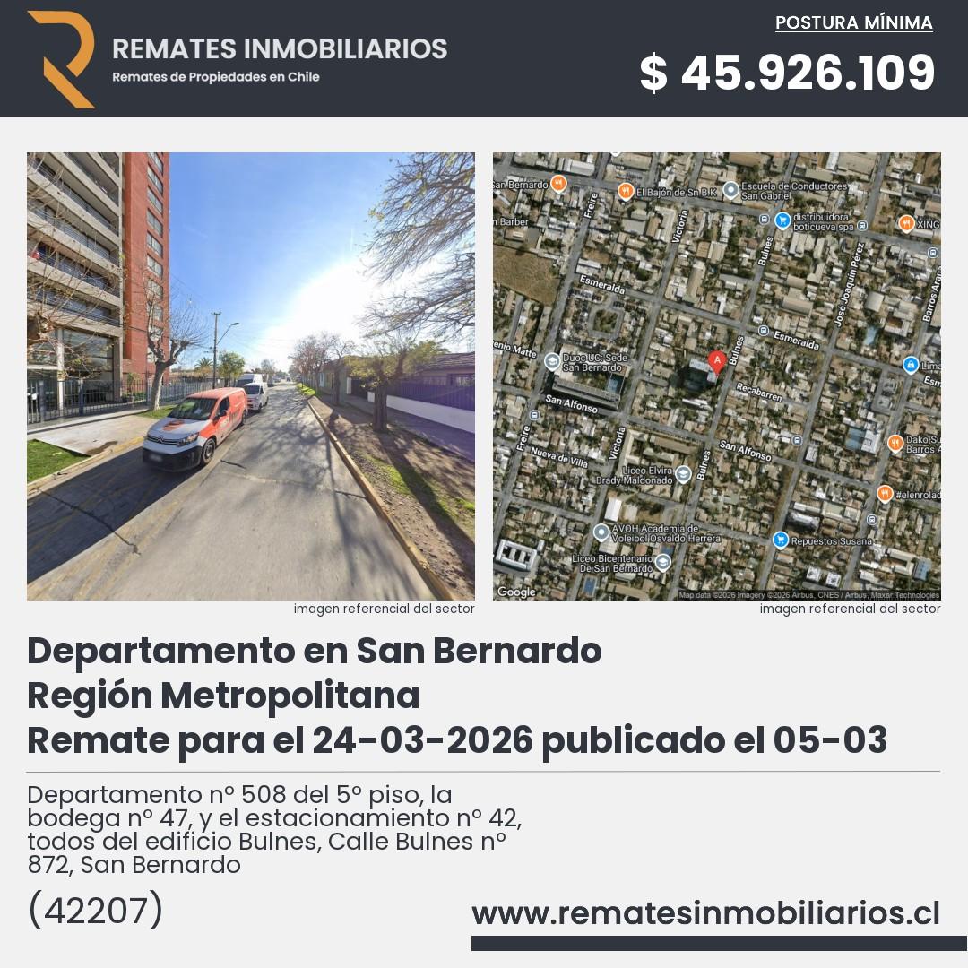 Imagen ficha Departamento nº 508 del 5º piso, la bodega nº 47, y el estacionamiento nº 42, todos del edificio Bulnes, Calle Bulnes nº 872, San Bernardo