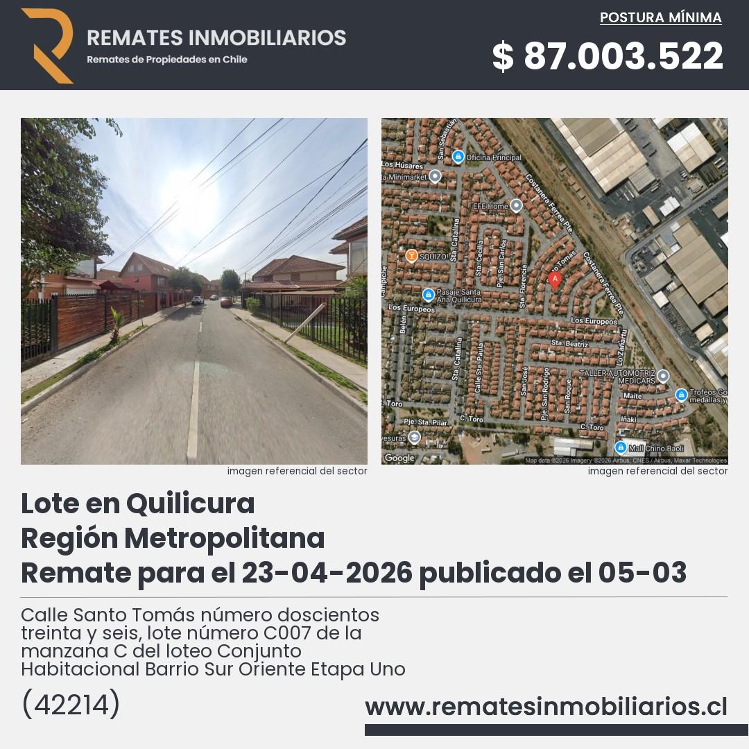 Imagen ficha Calle Santo Tomás número doscientos treinta y seis, lote número C007 de la manzana C del loteo Conjunto Habitacional Barrio Sur Oriente Etapa Uno