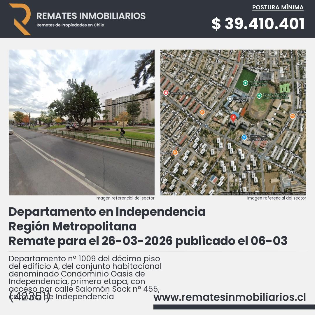 Imagen ficha Departamento nº 1009 del décimo piso del edificio A, del conjunto habitacional denominado Condominio Oasis de Independencia, primera etapa, con acceso por calle Salomón Sack nº 455, comuna de Independencia