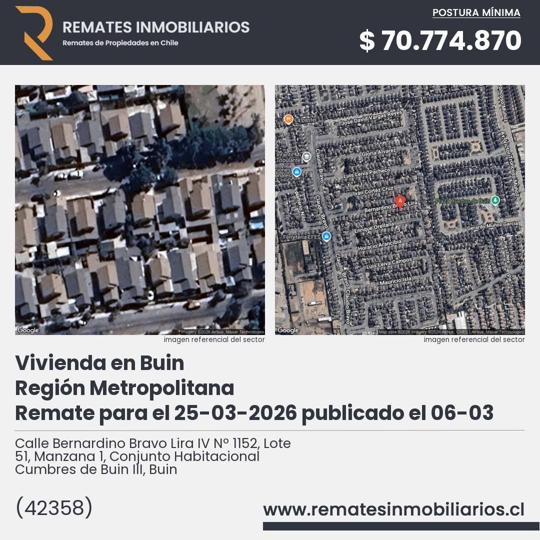 Imagen ficha Calle Bernardino Bravo Lira IV Nº 1152, Lote 51, Manzana 1, Conjunto Habitacional Cumbres de Buin III, Buin