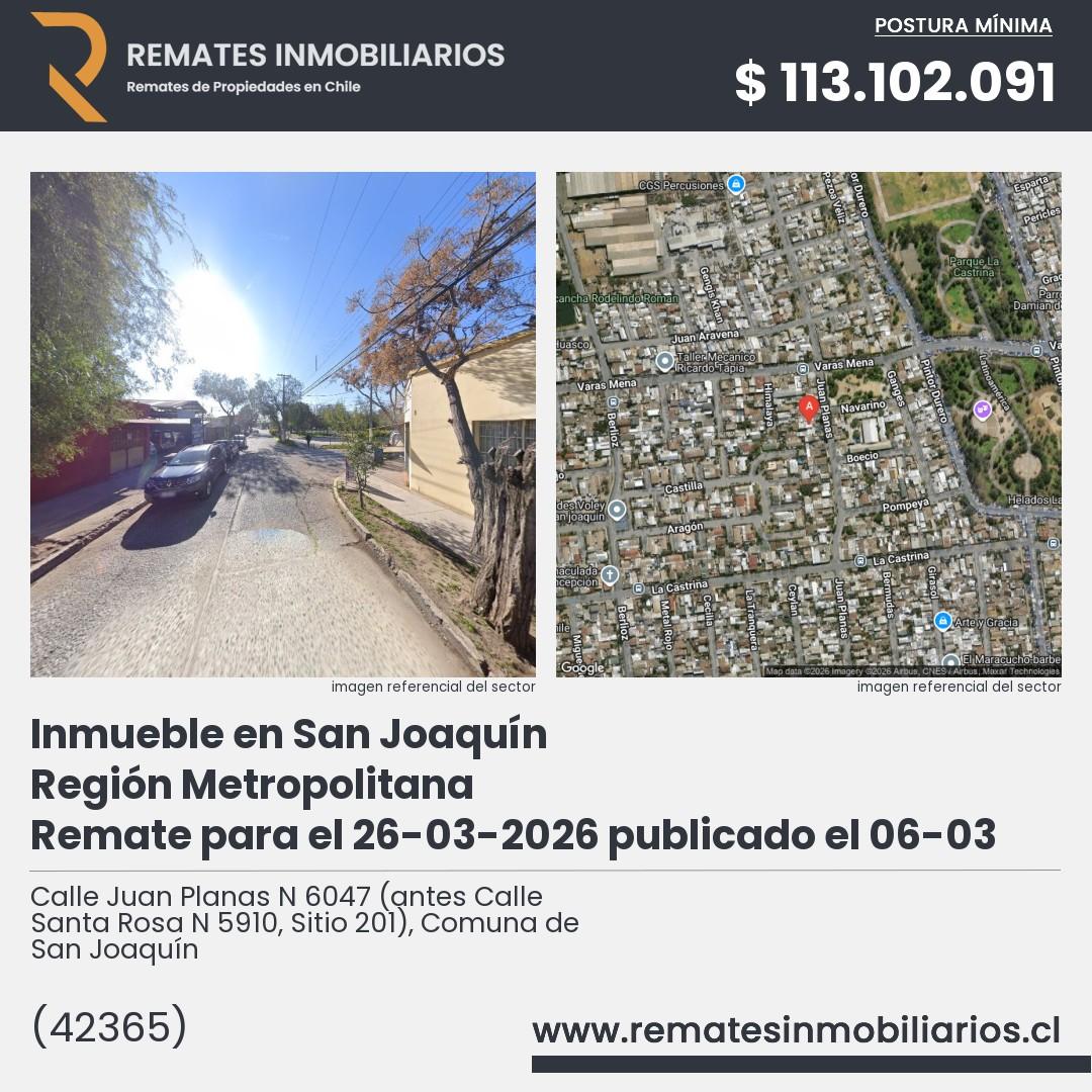 Imagen ficha Calle Juan Planas N 6047 (antes Calle Santa Rosa N 5910, Sitio 201), Comuna de San Joaquín