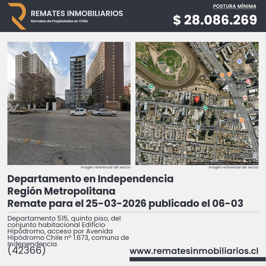 Imagen ficha Departamento 515, quinto piso, del conjunto habitacional Edificio Hipódromo, acceso por Avenida Hipódromo Chile nº 1.673, comuna de Independencia