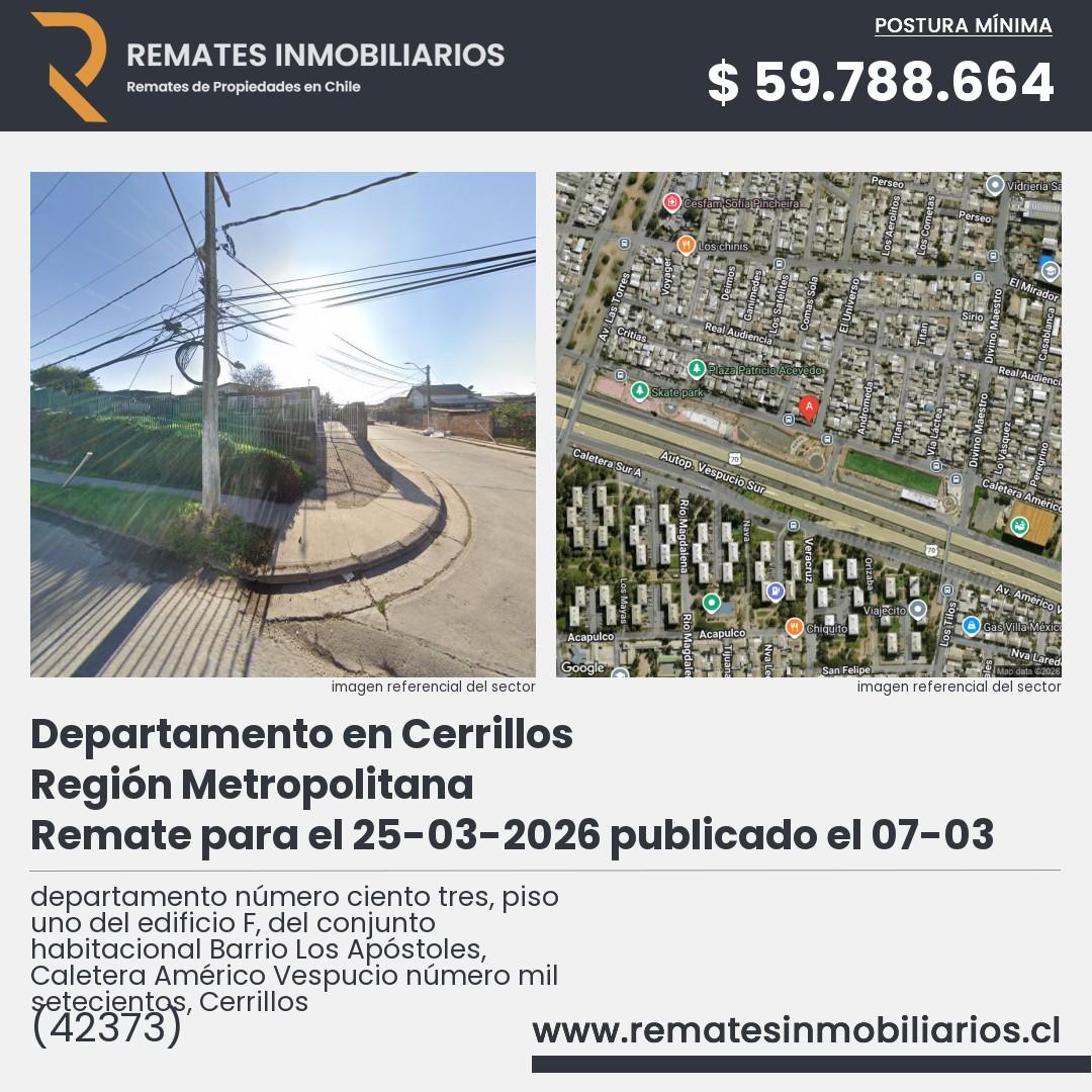Imagen ficha departamento número ciento tres, piso uno del edificio F, del conjunto habitacional Barrio Los Apóstoles, Caletera Américo Vespucio número mil setecientos, Cerrillos