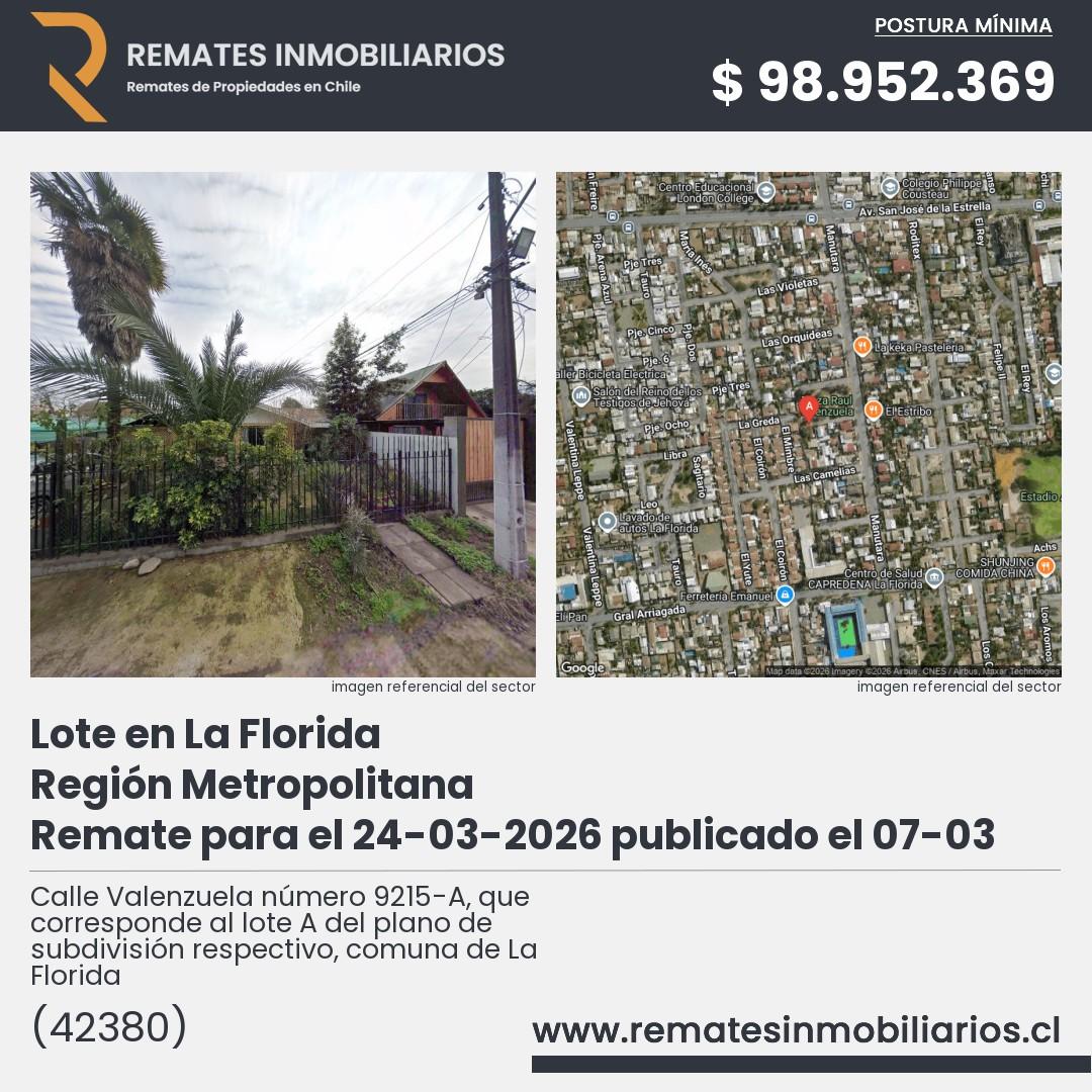 Imagen ficha Calle Valenzuela número 9215-A, que corresponde al lote A del plano de subdivisión respectivo, comuna de La Florida