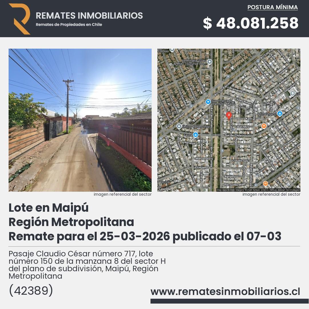 Imagen ficha Pasaje Claudio César número 717, lote número 150 de la manzana 8 del sector H del plano de subdivisión, Maipú, Región Metropolitana