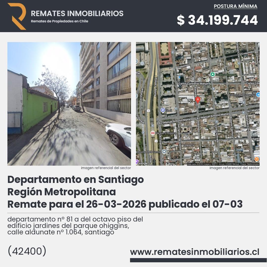 Imagen ficha departamento nº 81 a del octavo piso del edificio jardines del parque ohiggins, calle aldunate nº 1.064, santiago