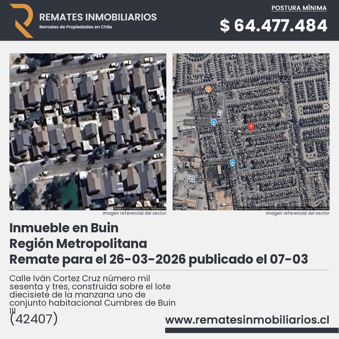 Imagen ficha Calle Iván Cortez Cruz número mil sesenta y tres, construida sobre el lote diecisiete de la manzana uno de conjunto habitacional Cumbres de Buin III