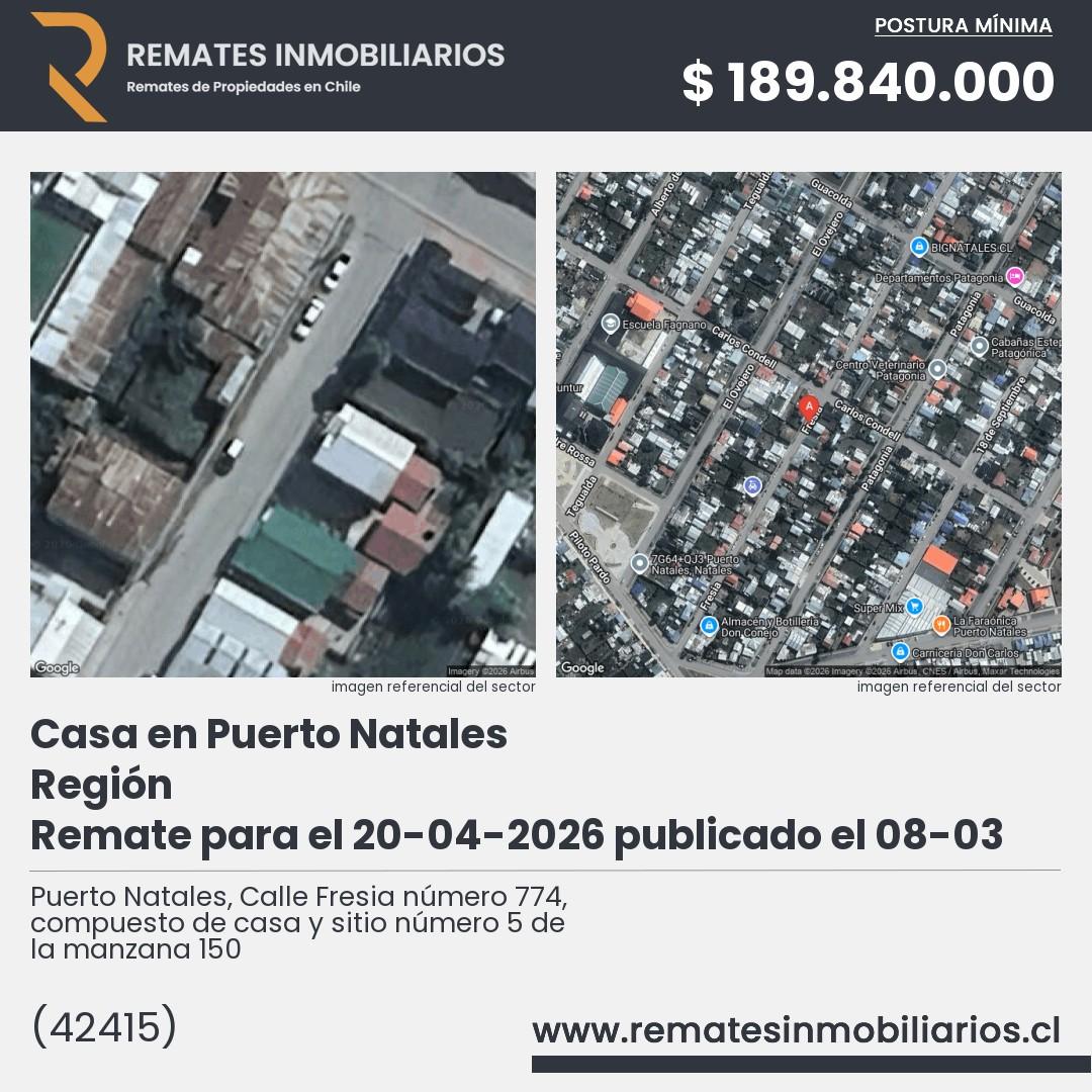 Imagen ficha Puerto Natales, Calle Fresia número 774, compuesto de casa y sitio número 5 de la manzana 150
