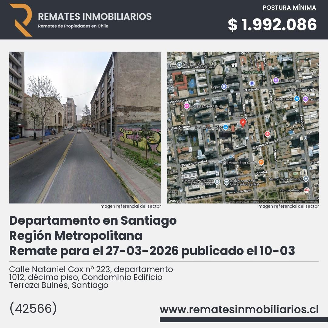 Imagen ficha Calle Nataniel Cox nº 223, departamento 1012, décimo piso, Condominio Edificio Terraza Bulnes, Santiago