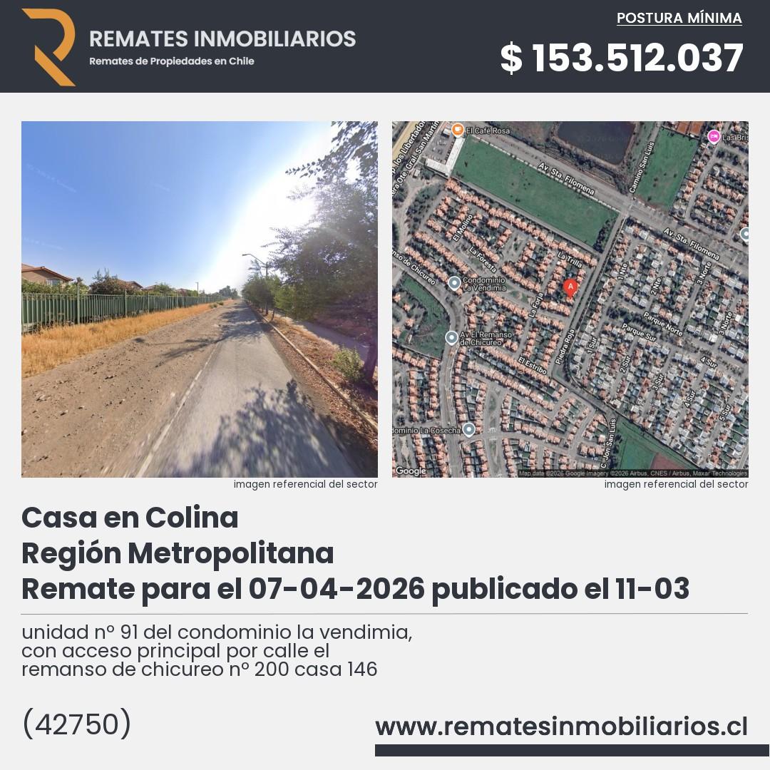 Imagen ficha unidad nº 91 del condominio la vendimia, con acceso principal por calle el remanso de chicureo nº 200 casa 146