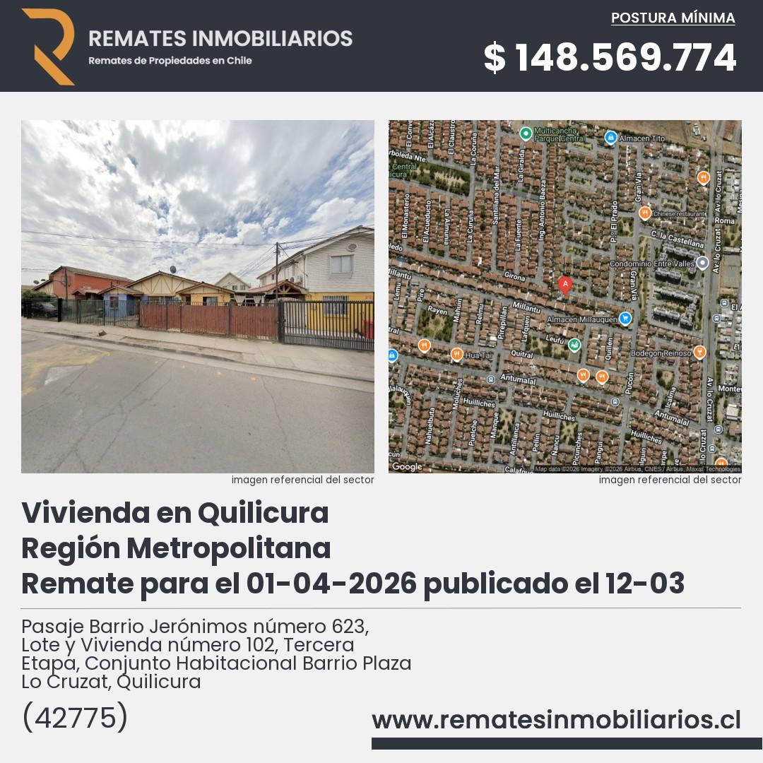 Imagen ficha Pasaje Barrio Jerónimos número 623, Lote y Vivienda número 102, Tercera Etapa, Conjunto Habitacional Barrio Plaza Lo Cruzat, Quilicura