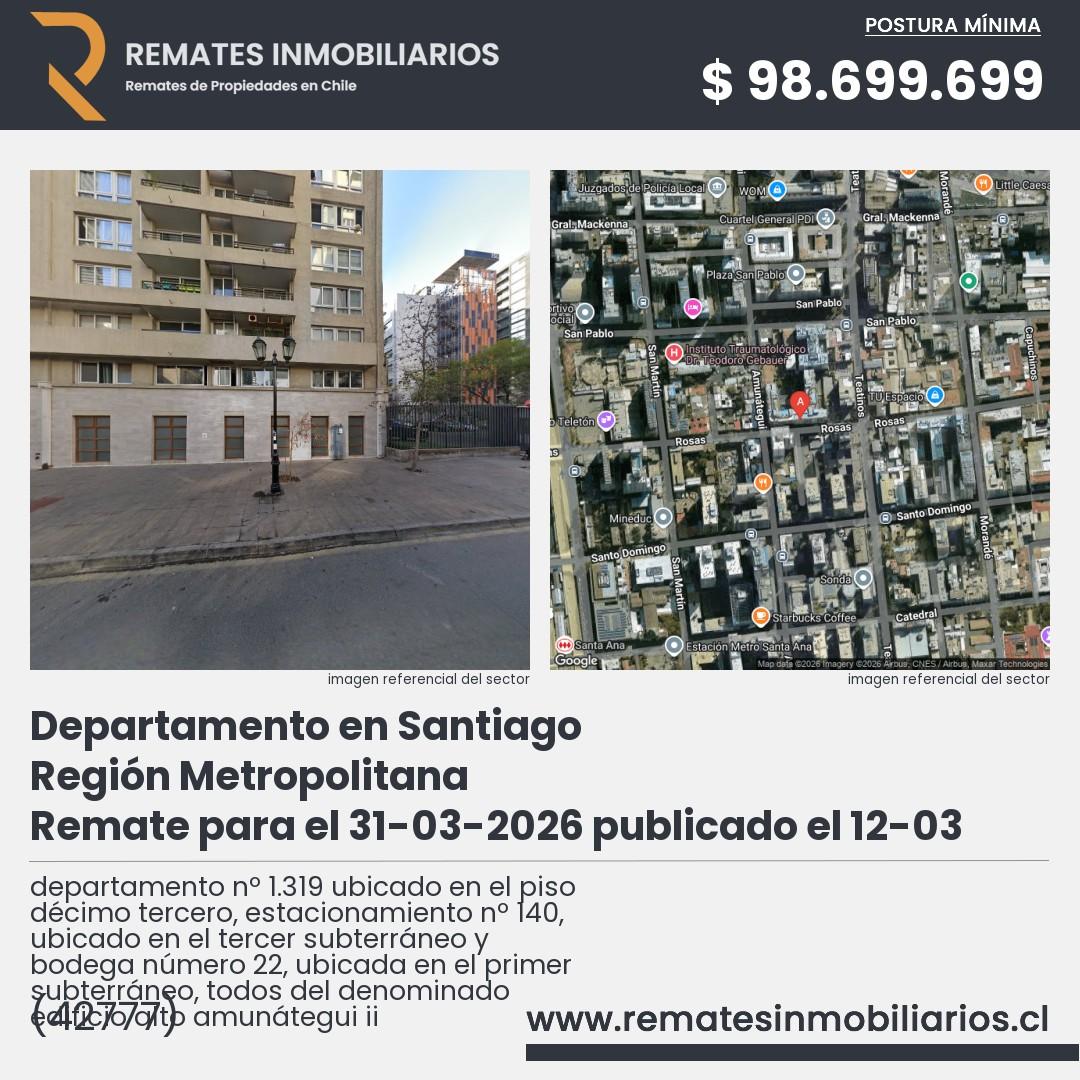 Imagen ficha departamento nº 1.319 ubicado en el piso décimo tercero, estacionamiento nº 140, ubicado en el tercer subterráneo y bodega número 22, ubicada en el primer subterráneo, todos del denominado edificio alto amunátegui ii