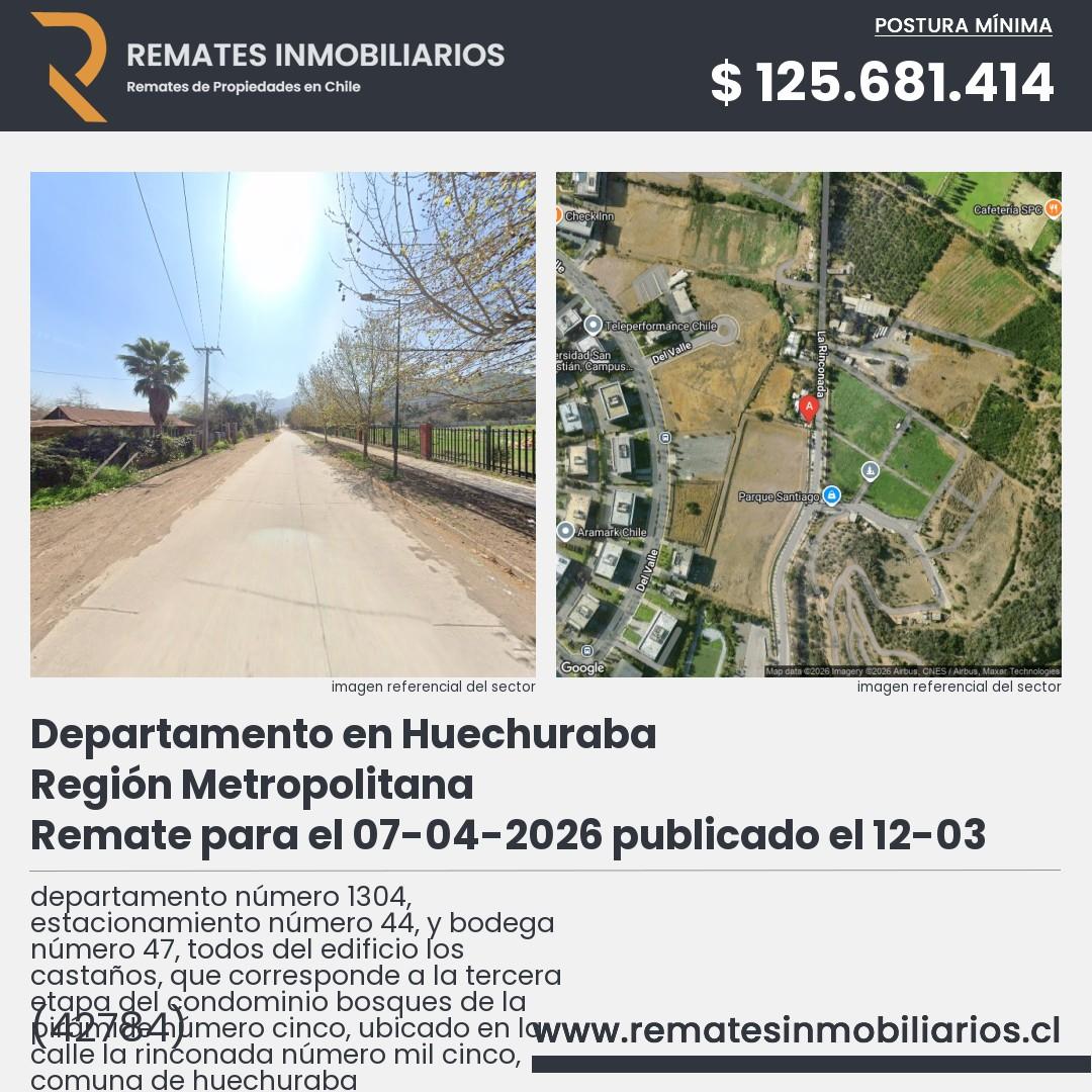 Imagen ficha departamento número 1304, estacionamiento número 44, y bodega número 47, todos del edificio los castaños, que corresponde a la tercera etapa del condominio bosques de la pirámide número cinco, ubicado en la calle la rinconada número mil cinco, comuna de huechuraba