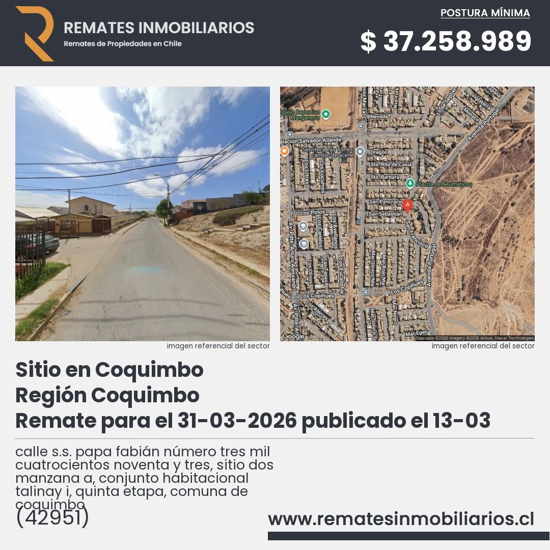 Imagen ficha calle s.s. papa fabián número tres mil cuatrocientos noventa y tres, sitio dos manzana a, conjunto habitacional talinay i, quinta etapa, comuna de coquimbo