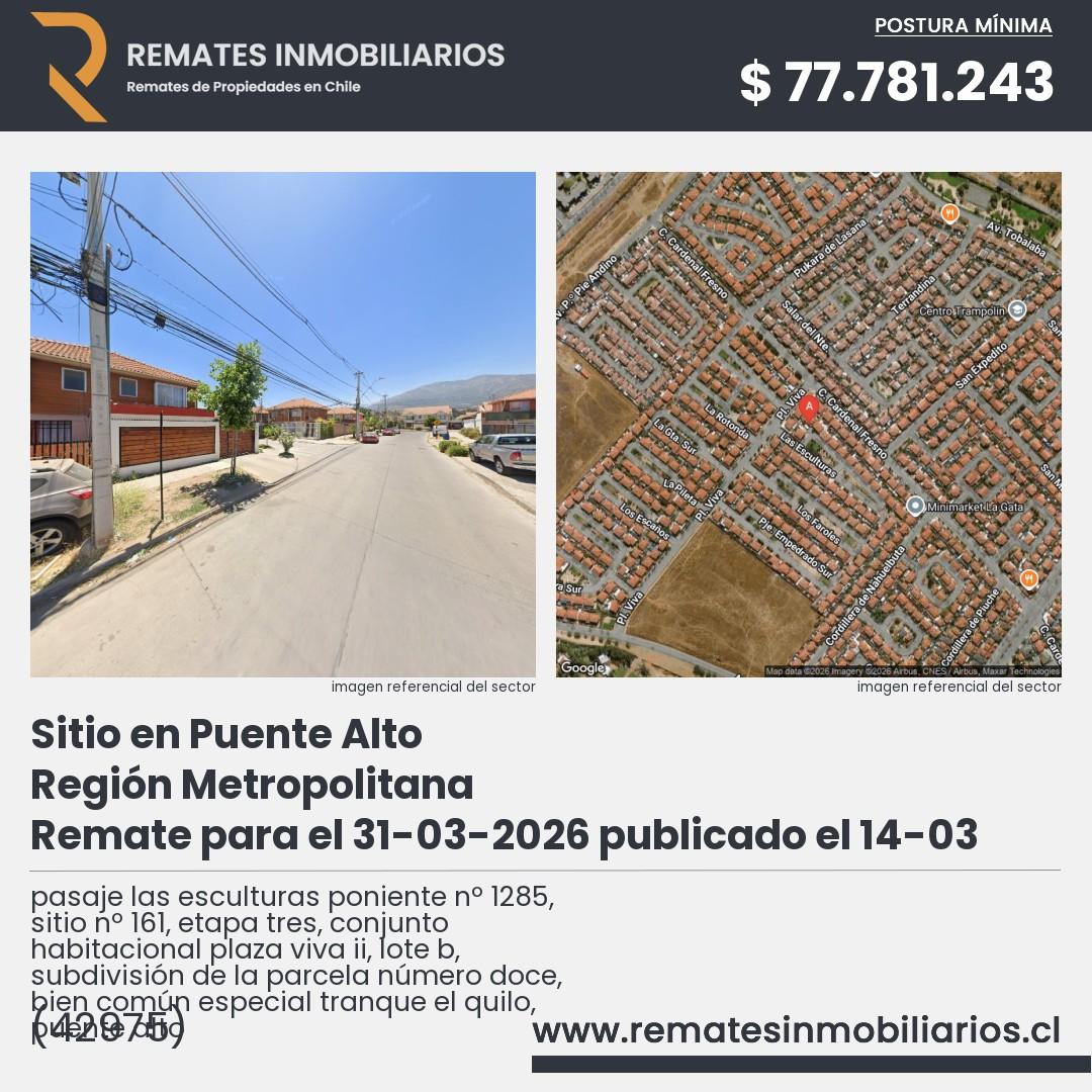 Imagen ficha pasaje las esculturas poniente nº 1285, sitio nº 161, etapa tres, conjunto habitacional plaza viva ii, lote b, subdivisión de la parcela número doce, bien común especial tranque el quilo, puente alto