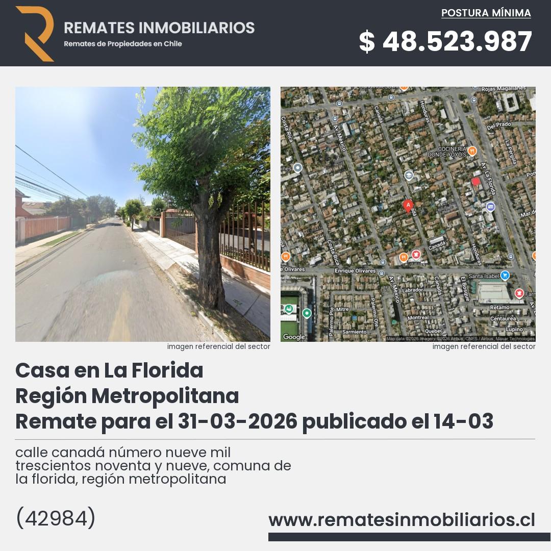 Imagen ficha calle canadá número nueve mil trescientos noventa y nueve, comuna de la florida, región metropolitana
