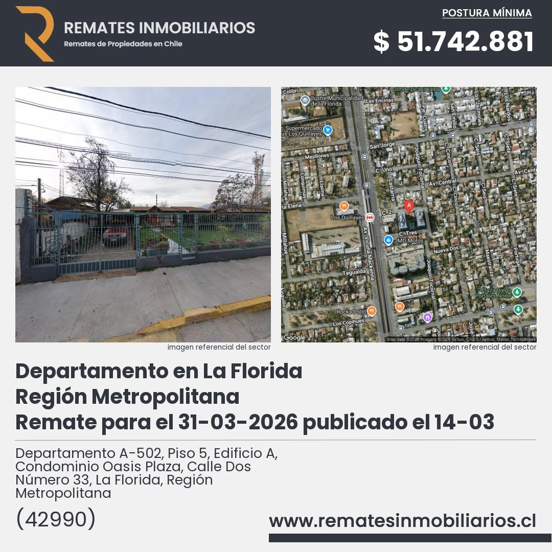 Imagen ficha Departamento A-502, Piso 5, Edificio A, Condominio Oasis Plaza, Calle Dos Número 33, La Florida, Región Metropolitana