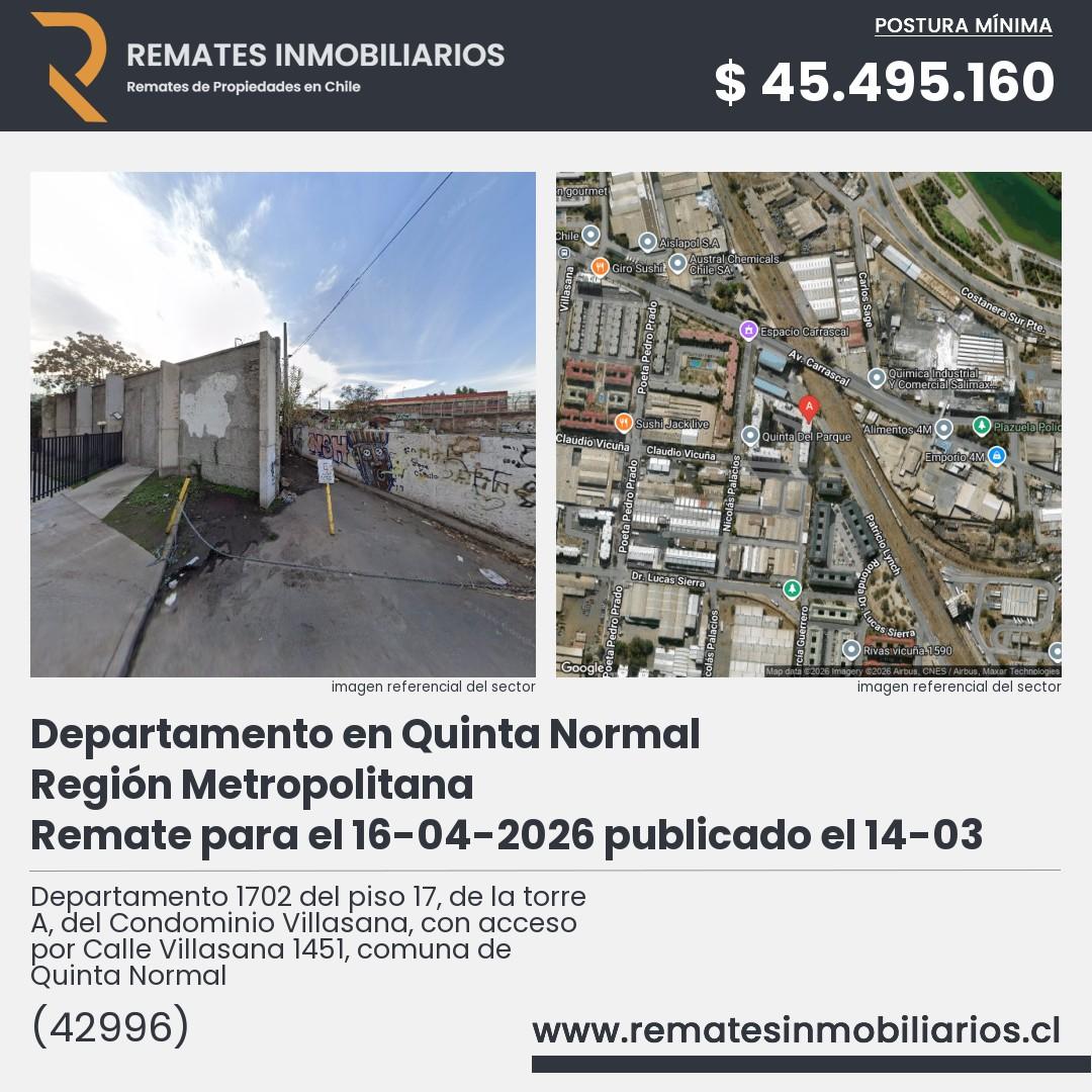 Imagen ficha Departamento 1702 del piso 17, de la torre A, del Condominio Villasana, con acceso por Calle Villasana 1451, comuna de Quinta Normal