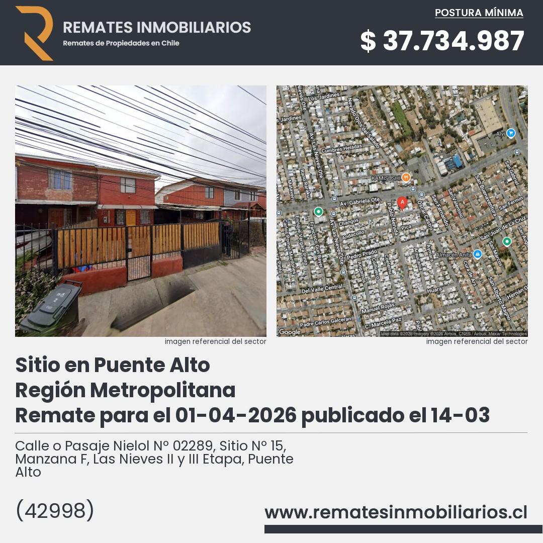 Imagen ficha Calle o Pasaje Nielol Nº 02289, Sitio Nº 15, Manzana F, Las Nieves II y III Etapa, Puente Alto