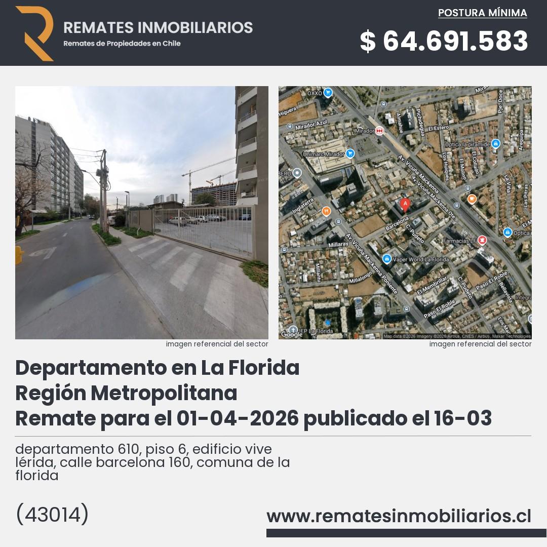 Imagen ficha departamento 610, piso 6, edificio vive lérida, calle barcelona 160, comuna de la florida