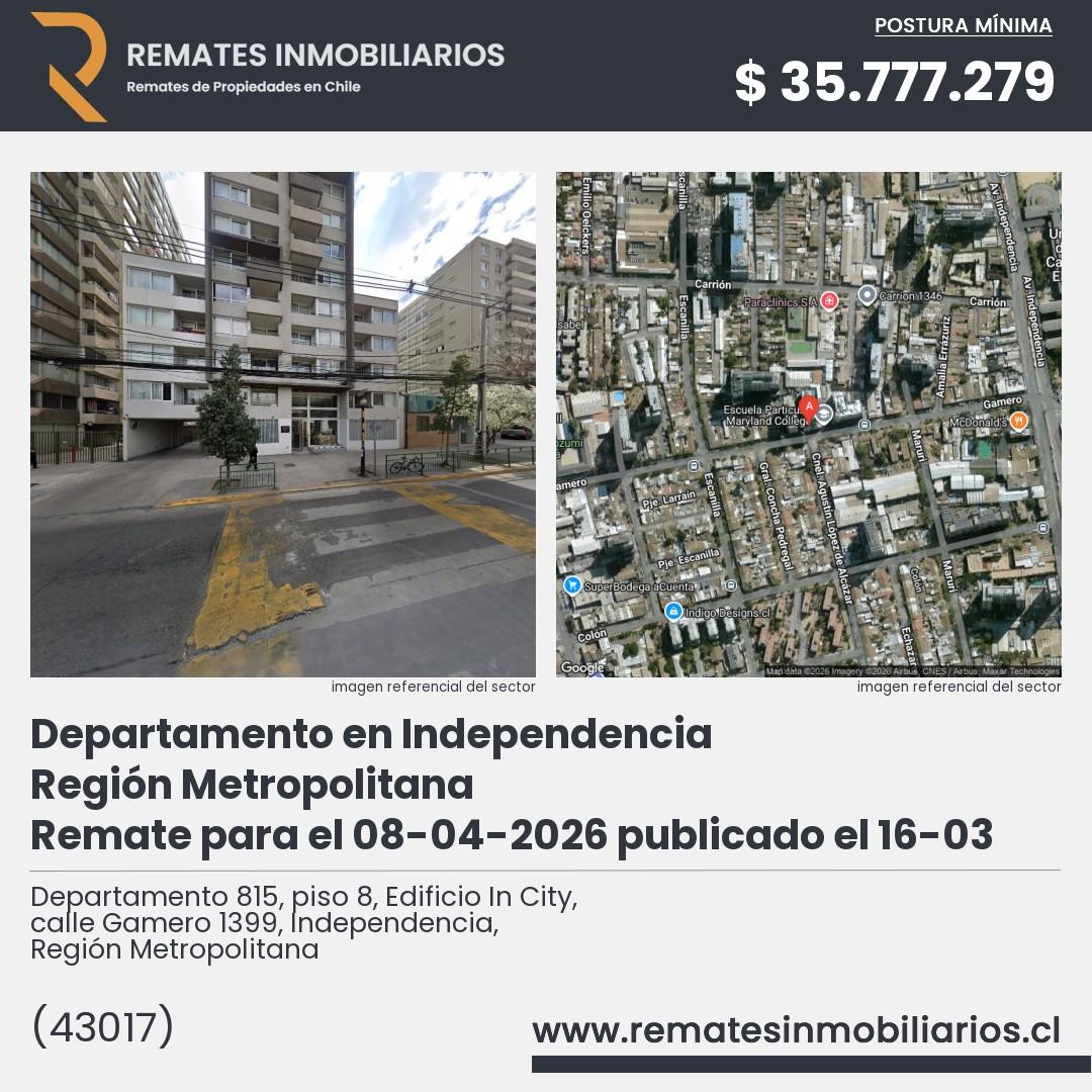 Imagen ficha Departamento 815, piso 8, Edificio In City, calle Gamero 1399, Independencia, Región Metropolitana