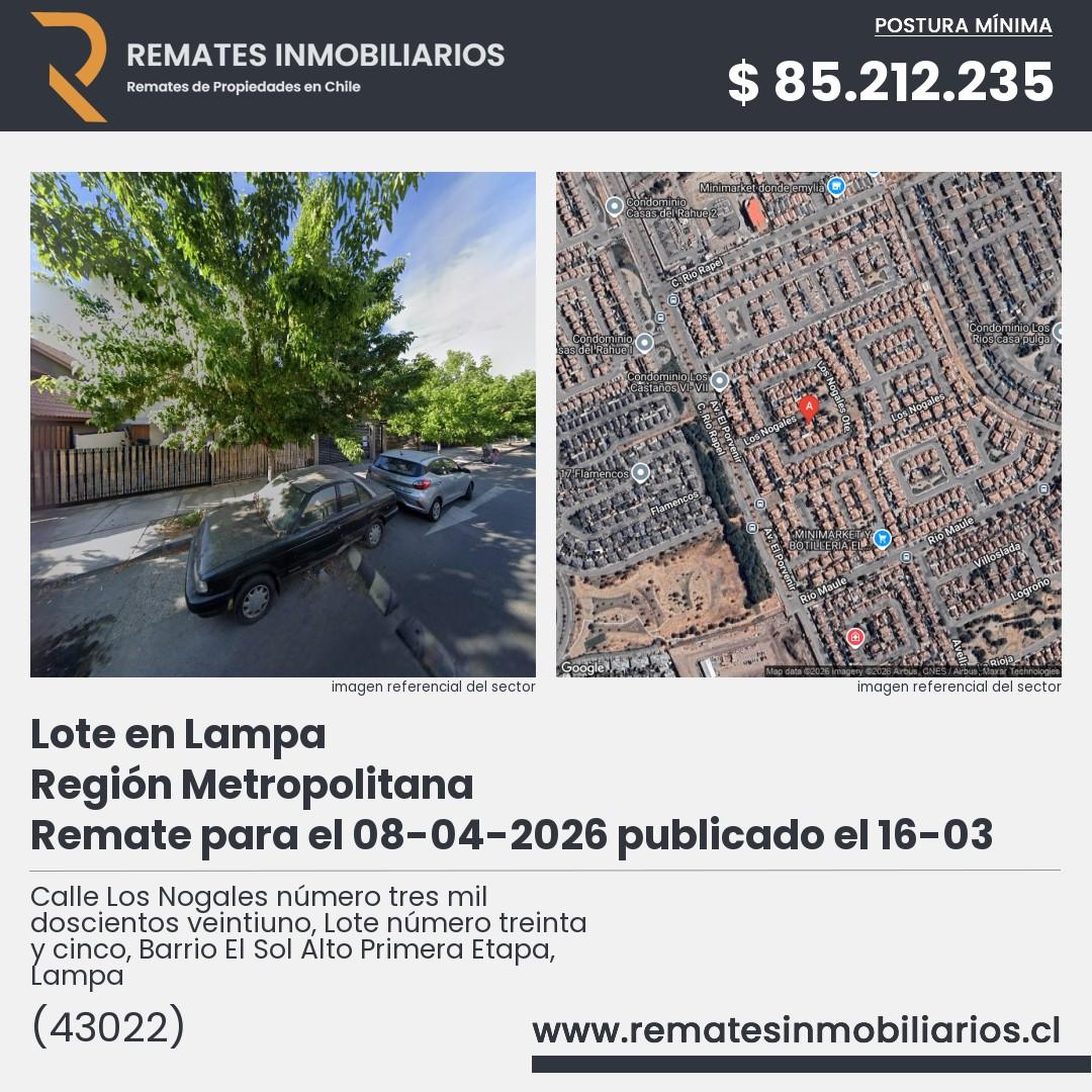 Imagen ficha Calle Los Nogales número tres mil doscientos veintiuno, Lote número treinta y cinco, Barrio El Sol Alto Primera Etapa, Lampa