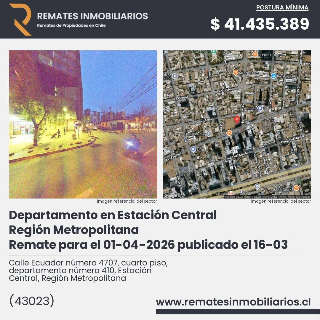 Imagen ficha Calle Ecuador número 4707, cuarto piso, departamento número 410, Estación Central, Región Metropolitana