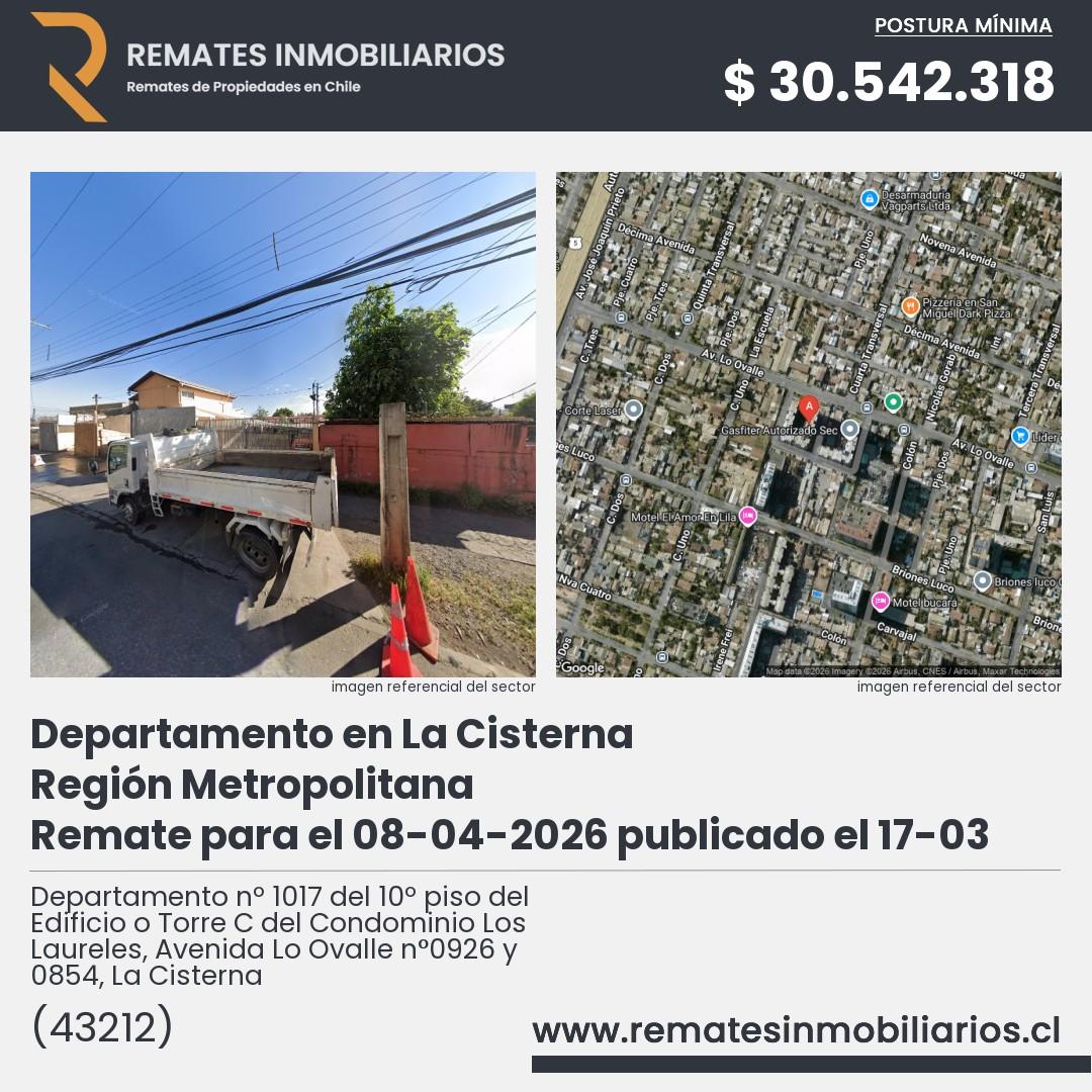 Imagen ficha Departamento nº 1017 del 10º piso del Edificio o Torre C del Condominio Los Laureles, Avenida Lo Ovalle n°0926 y 0854, La Cisterna