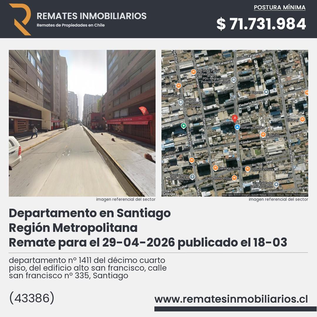 Imagen ficha departamento nº 1411 del décimo cuarto piso, del edificio alto san francisco, calle san francisco nº 335, Santiago