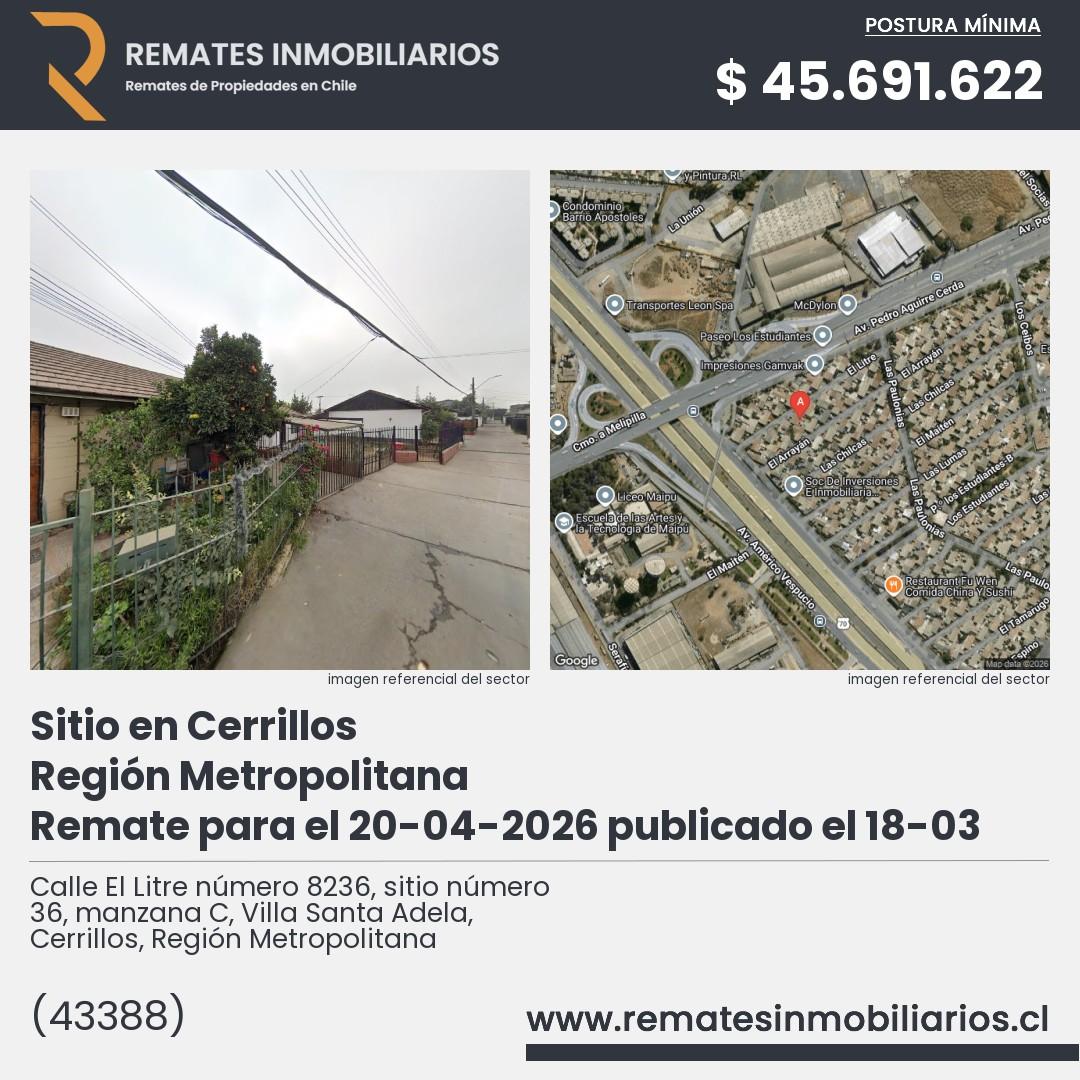 Imagen ficha Calle El Litre número 8236, sitio número 36, manzana C, Villa Santa Adela, Cerrillos, Región Metropolitana
