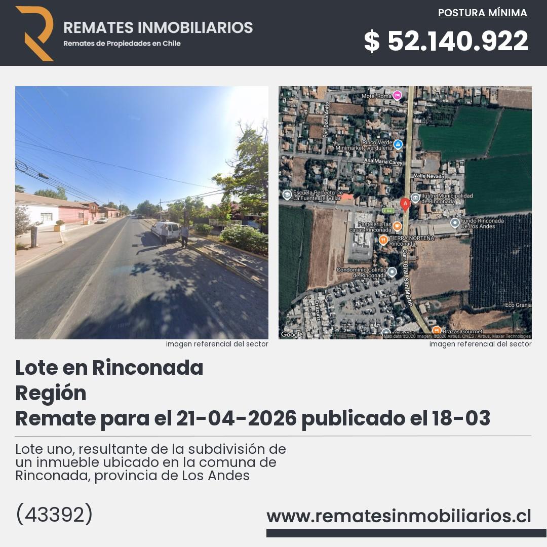 Imagen ficha Lote uno, resultante de la subdivisión de un inmueble ubicado en la comuna de Rinconada, provincia de Los Andes