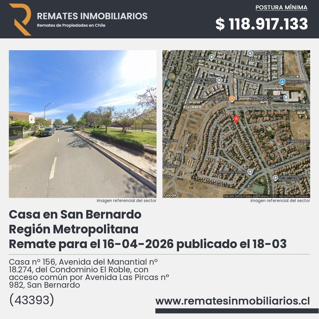 Imagen ficha Casa nº 156, Avenida del Manantial nº 18.274, del Condominio El Roble, con acceso común por Avenida Las Pircas n° 982, San Bernardo