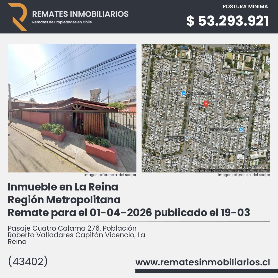 Imagen ficha Pasaje Cuatro Calama 276, Población Roberto Valladares Capitán Vicencio, La Reina