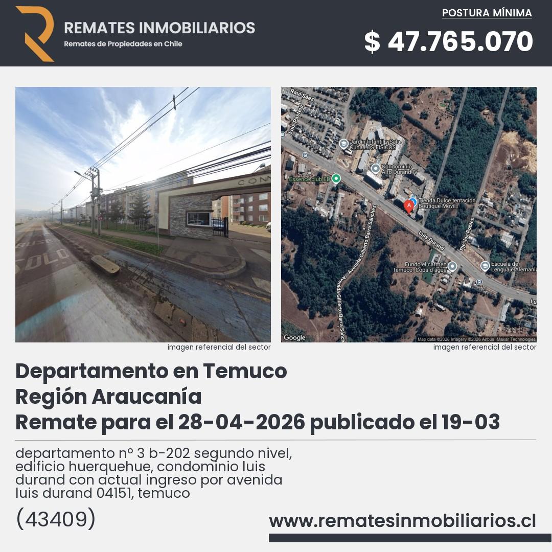 Imagen ficha departamento nº 3 b-202 segundo nivel, edificio huerquehue, condominio luis durand con actual ingreso por avenida luis durand 04151, temuco
