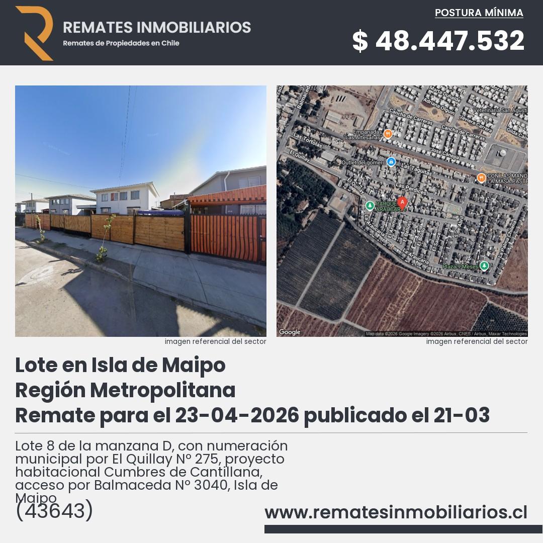 Imagen ficha Lote 8 de la manzana D, con numeración municipal por El Quillay Nº 275, proyecto habitacional Cumbres de Cantillana, acceso por Balmaceda Nº 3040, Isla de Maipo