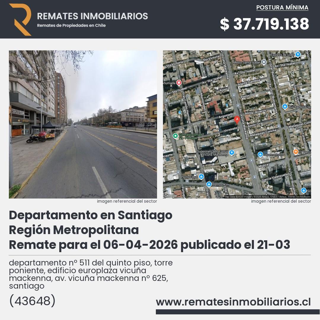 Imagen ficha departamento nº 511 del quinto piso, torre poniente, edificio europlaza vicuña mackenna, av. vicuña mackenna nº 625, santiago