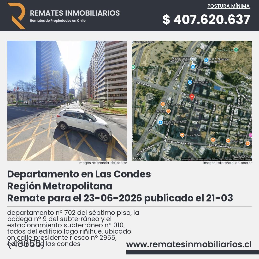 Imagen ficha departamento nº 702 del séptimo piso, la bodega nº 9 del subterráneo y el estacionamiento subterráneo nº 010, todos del edificio lago riñihue, ubicado en calle presidente riesco nº 2955, comuna de las condes
