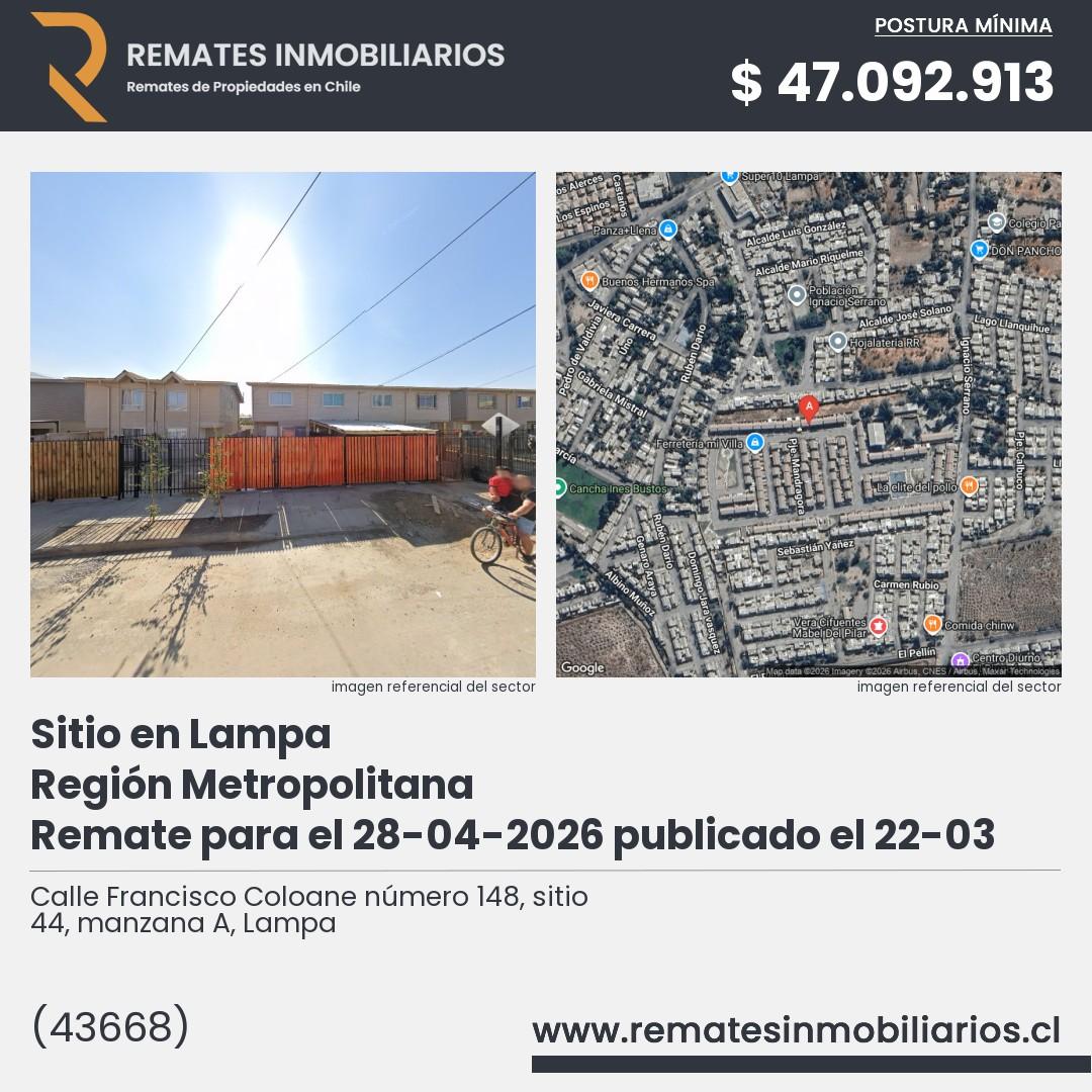Imagen ficha Calle Francisco Coloane número 148, sitio 44, manzana A, Lampa