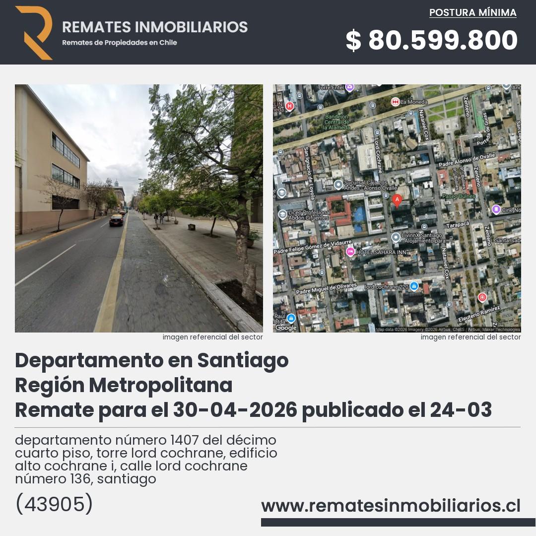 Imagen ficha departamento número 1407 del décimo cuarto piso, torre lord cochrane, edificio alto cochrane i, calle lord cochrane número 136, santiago