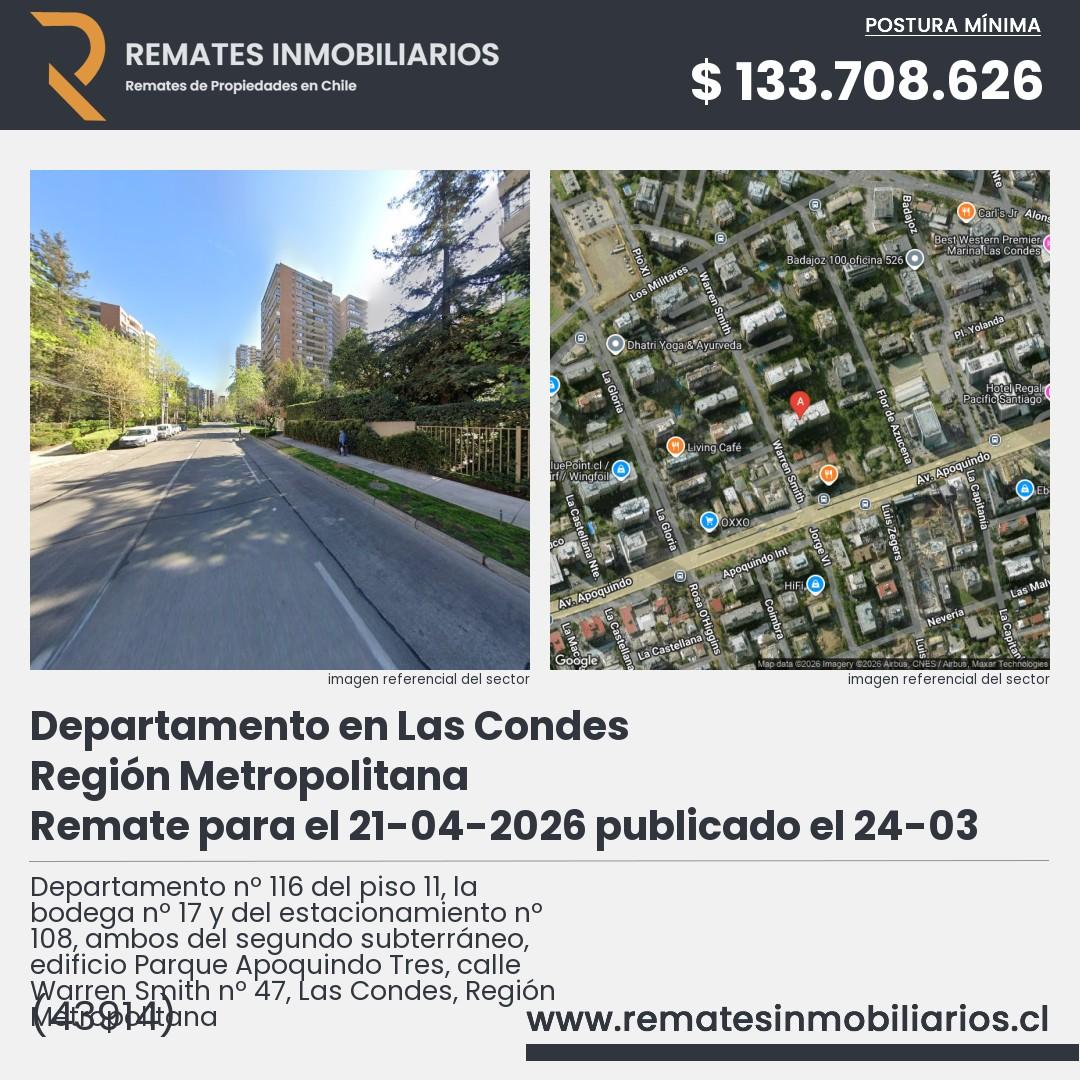Imagen ficha Departamento nº 116 del piso 11, la bodega nº 17 y del estacionamiento nº 108, ambos del segundo subterráneo, edificio Parque Apoquindo Tres, calle Warren Smith nº 47, Las Condes, Región Metropolitana